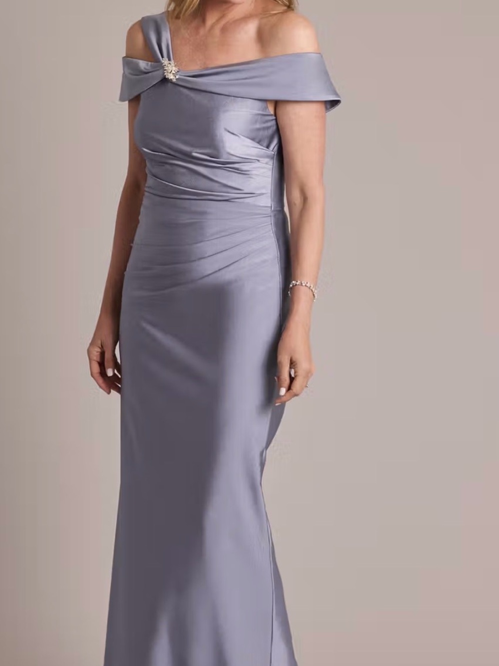 Oleg Cassini Off-Shoulder Lavender Evening Gown with Brooch